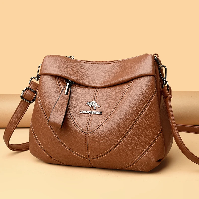 

Women Fashion Multiple Zippers Brand Crossbody Bags Solid Color PU Leather High Quality Shoulder Bag New Retro HandBag for Daily