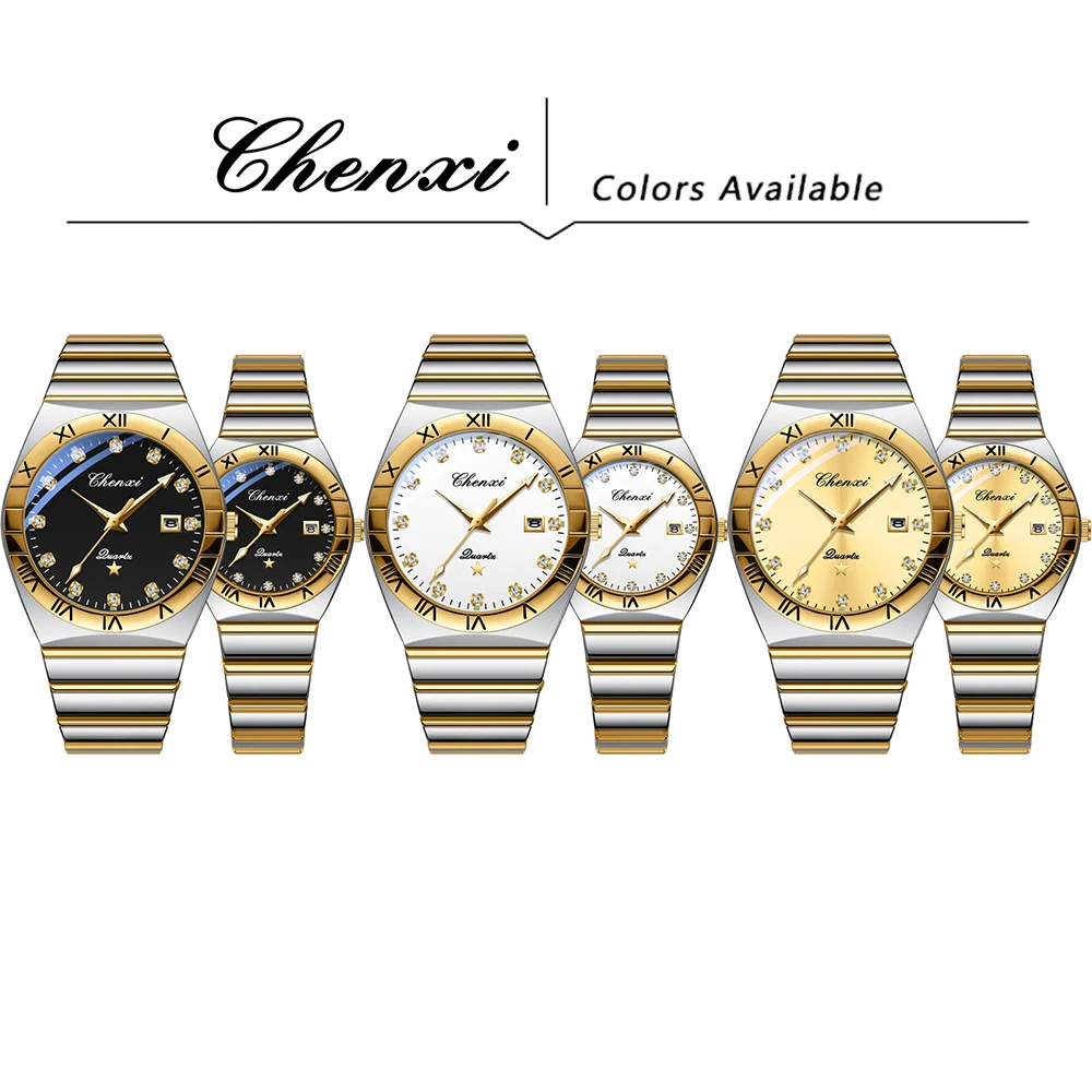 CHENXI Couple Watches Gold Round Dial Diamond Calendar Luminous Couples Wristwatch Fashion Quartz Watch For Men Women