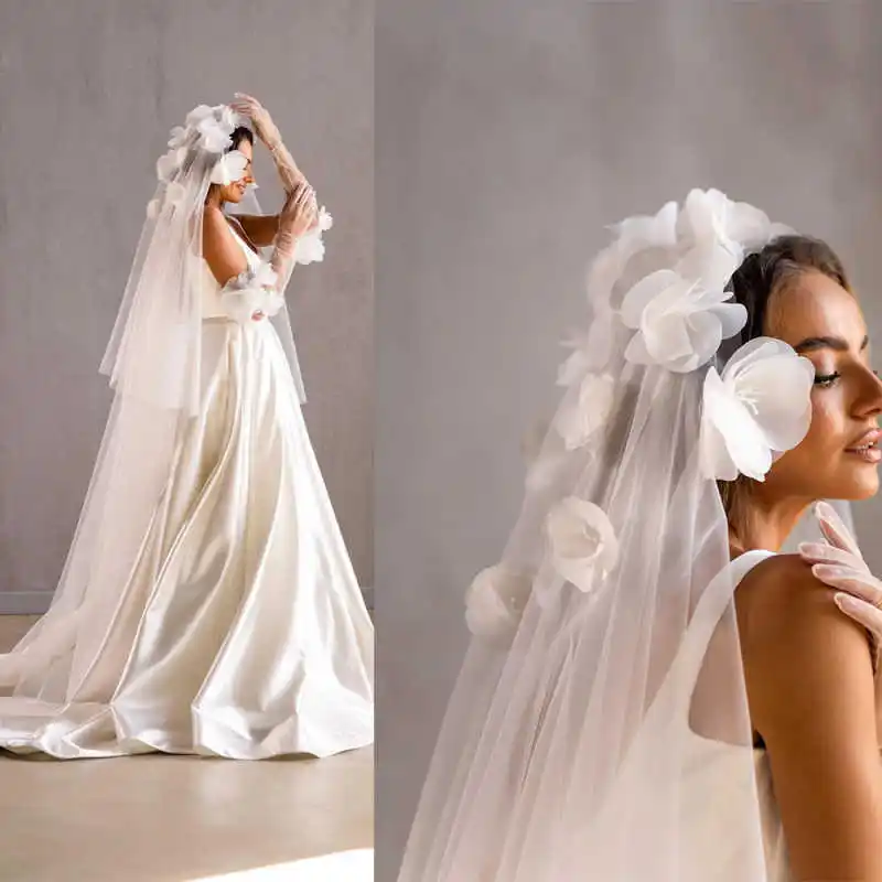 

Elegant Floral Appliques Wedding Veil 3 Meters White Ivory Cut Edge Bridal Veil with Comb Blusher Bride Headpiece Accessories
