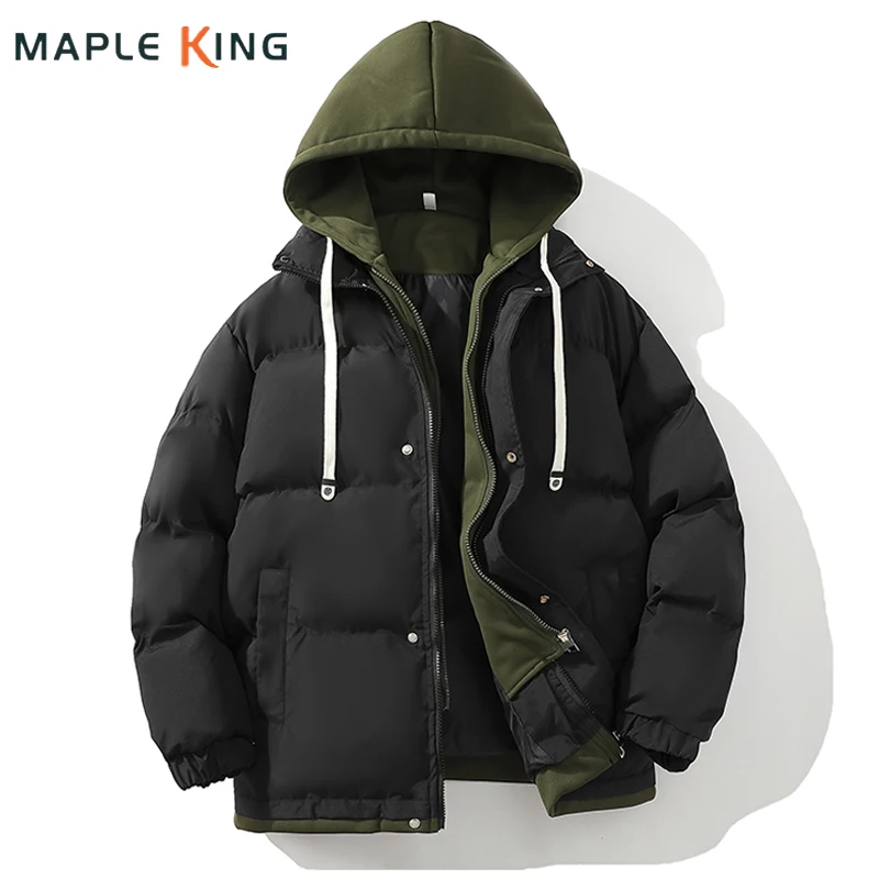 Luxury Men Women Winter Parka Jacket 2024 Korean Loose Fake Two Pieces Hooded Designer Cotton Padded Warm Coats Youth Outwear