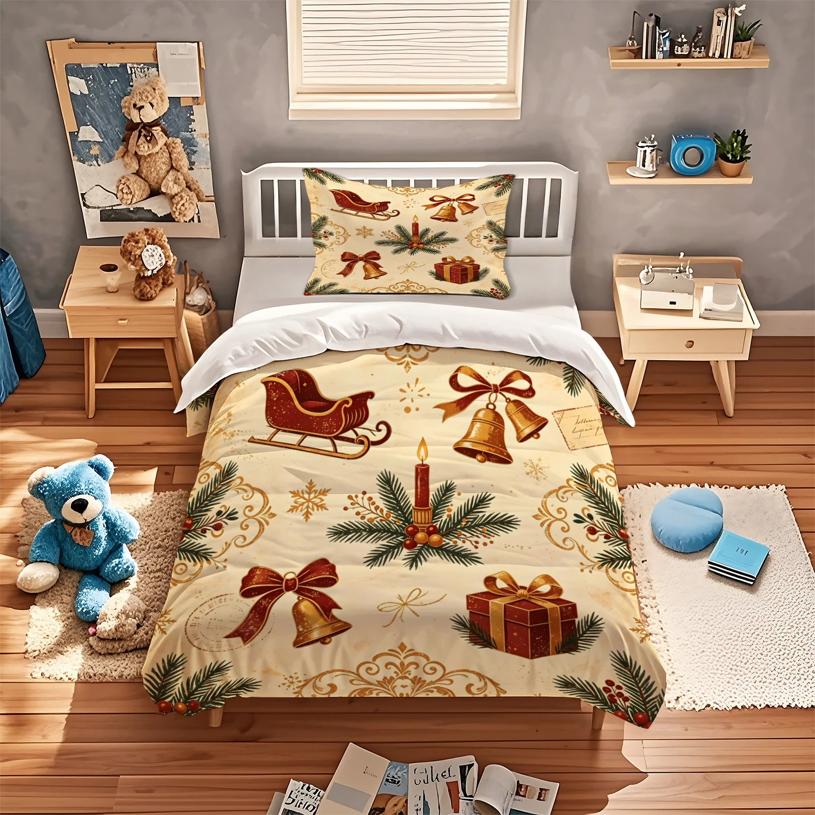 Vintage Christmas Sleigh & Bell Duvet Cover Set Retro Xmas Gift Pine Branch Bedding Holiday Bedroom Decor Festive Quilt Cover