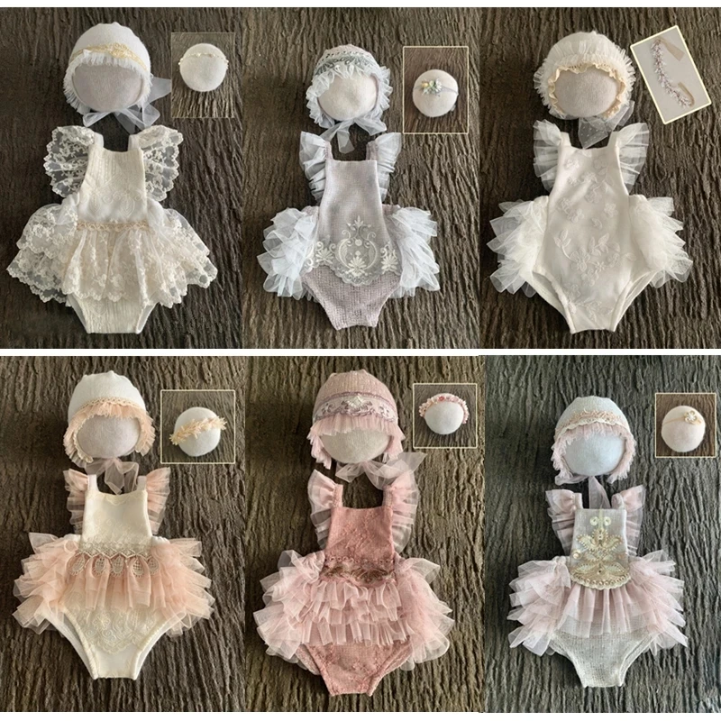 

3Pcs Baby Girl Lace Princess Dress Newborn Photography Props Clothes Hat Headband 0-3 Months Bebe Romper Photo Shoot Accessories