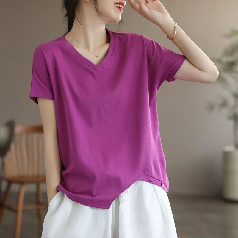 

Street Casual Asymmetrical T Shirts Summer New Short Sleeve Solid V Neck Loose Thin Tops Tees Vintage Fashion Women Clothing