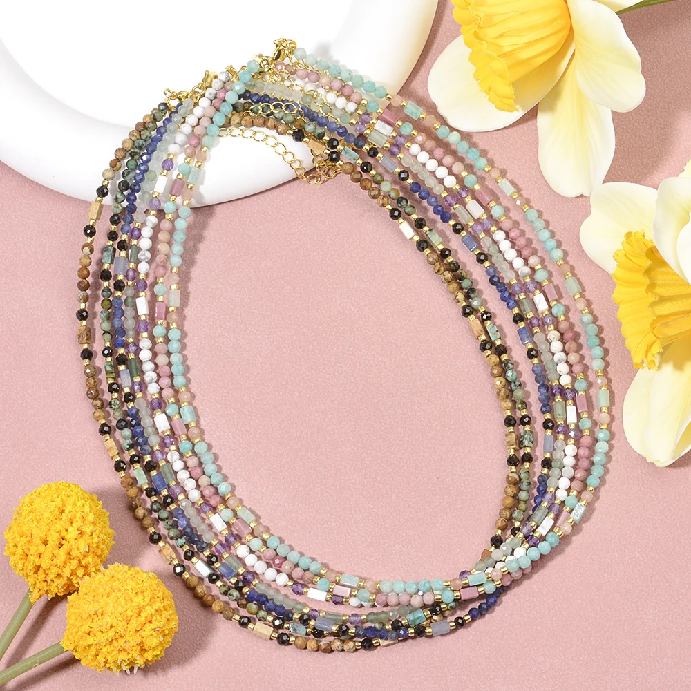 Boho Natural Stone Brazil Amazonite,Sunstone Faceted Beads and Brazil Amazonite Cuboid Beads Necklace for Women Casual Jewelry
