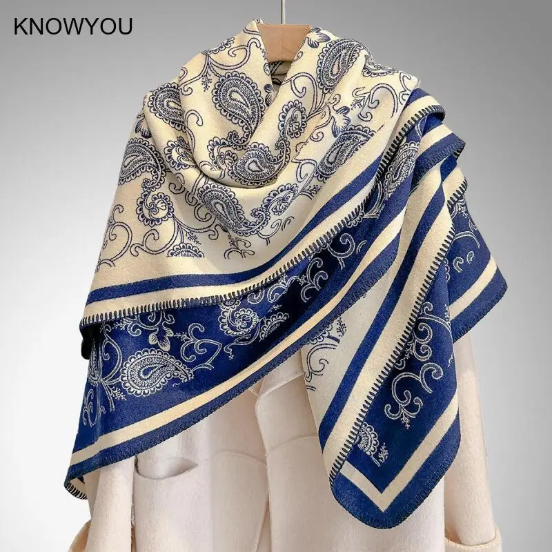 

Элитный бренд 2021, женский и мужской кашемировый шарф, зимний теплый шарф с кисточками в полоску с принтом, шаль из пашмины, платок, одеяло-пончо