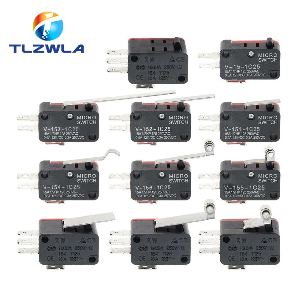 16A 250VAC SPDT chwilowy mikroprzełącznik krańcowy 1NO1NC 3/6Pin rolka dźwigniowa V-15 V-151 V-152 V-153 V-154 V-155 mikroprzełącznik