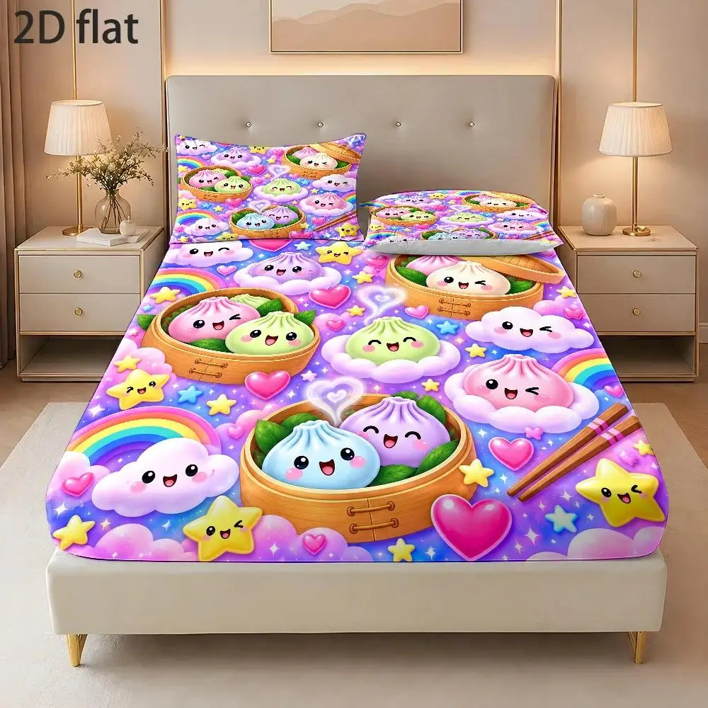Digital Printed Bed Sheet Set, Mini Cute Xiaolongbao Pattern Bed Sheet Set, Large Capacity Deep Pocket 2D Printed Bed Sheet and 2 Pillowcases, Bedding Mattress Protector, Fitted Elastic Style, Protective Cover, Mattress Protector, Suitable for All Seasons, Machine Washable Design, Holiday Decoration, Various Sizes, Breathable Protective Cover with Pillowcase