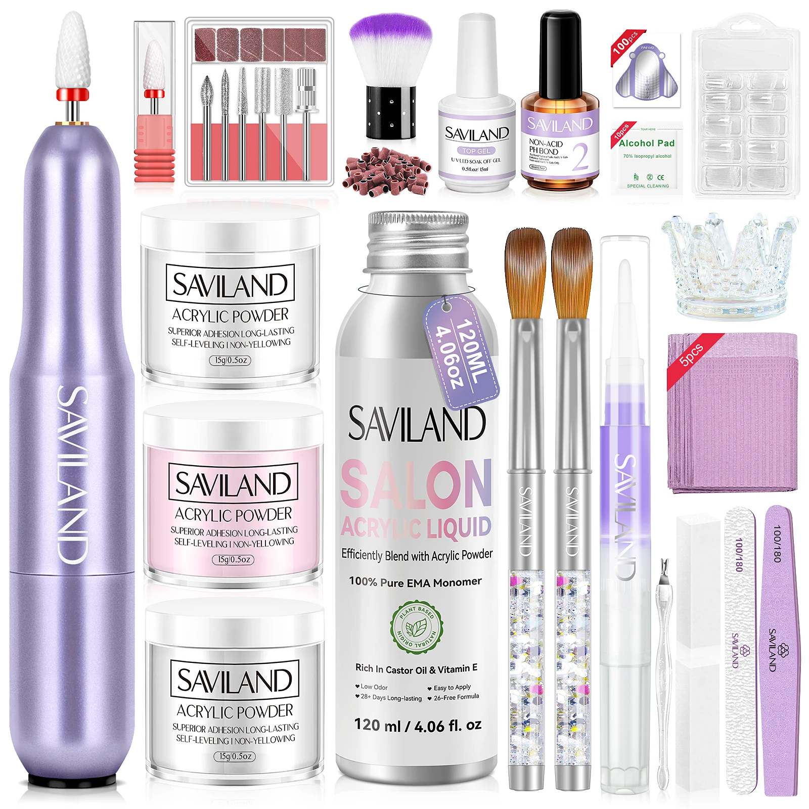 SAVILAND Geavanceerde acryl nagelkit met elektrische nagelboormachine 3 kleuren acrylpoeder vloeistofset voor nagelverlenging snijwerk