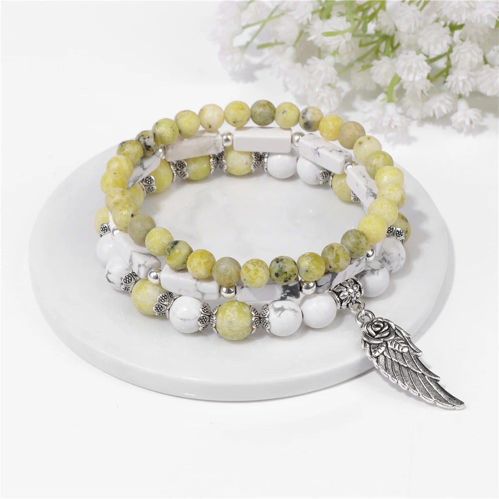 3pcs/set Multicolor Pink Zebra Beads Bracelet Women Natural Stone Quartz Crystal Rose Wing Pendant Bracelets Girls Jewelry Gift image 3