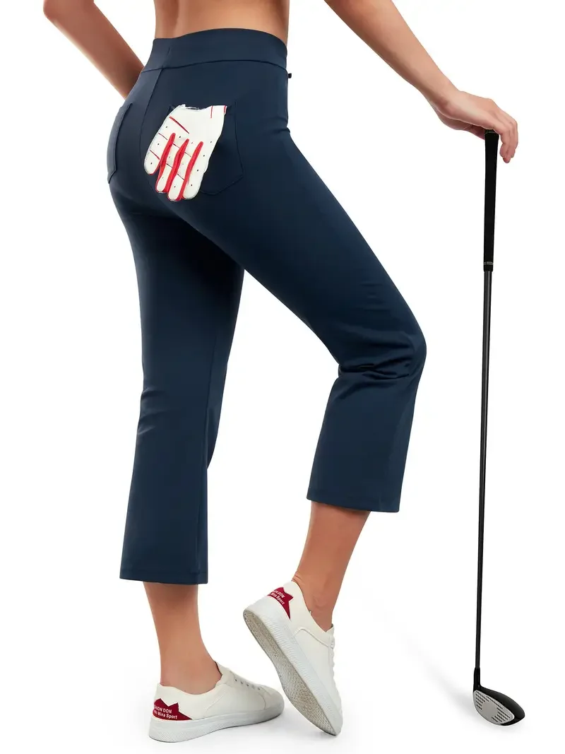 Boot Cut Stretchy Golf Pants, Solid Tights Drawstring  Sports Yoga Pants With Pockets