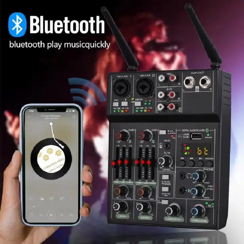 4 Channels Sound Recording Studio Audio Mixer with Wireless Microphone Set mixer Small 4 Channel Karaoke Soundcard Home Live