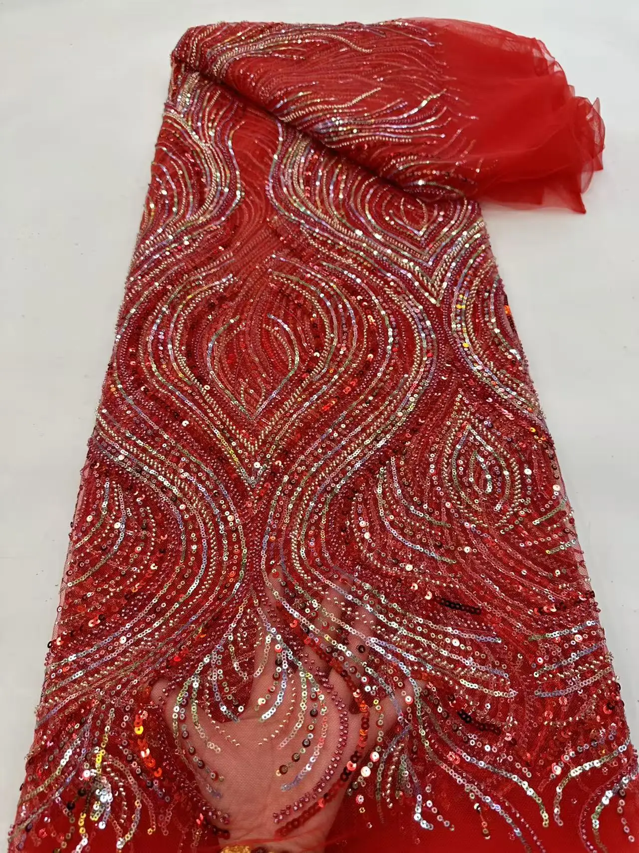 Роскошная красная африканская сетчатая кружевная ткань с вышивкой и блестками, французский тюль, кружево для нигерийского свадебного платья, 5 ярдов M29-1