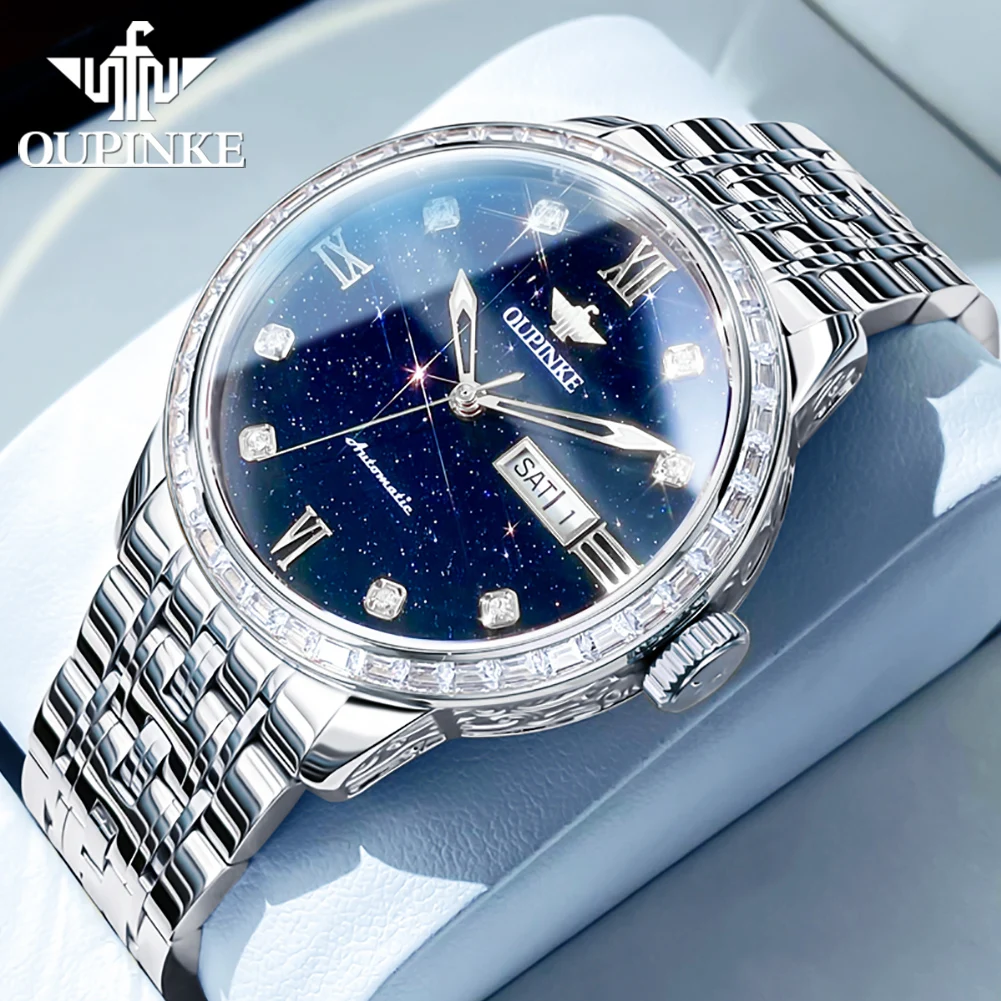 OUPINKE 3241 Business Luxury Men's Watch Starry Sky Calendar Waterproof Skeleton Dial Automatic Mechanical Wristwatch for Men
