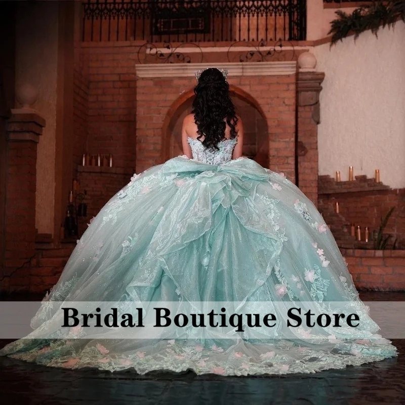 Vestido De quinceañera De princesa verde con flores, ropa De fiesta De cumpleaños, escote Corazón, apliques De flores, cristales, 15 Años, 16 Años