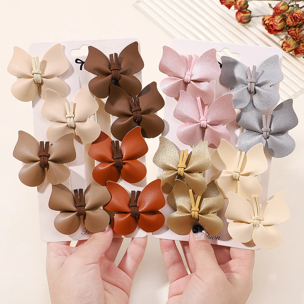 8pcs Baby Girls Cute Butterfly Hair Clips for Kids Handmade PU Leather Safe Hairpins Headband Solid Princess Hair Accessories