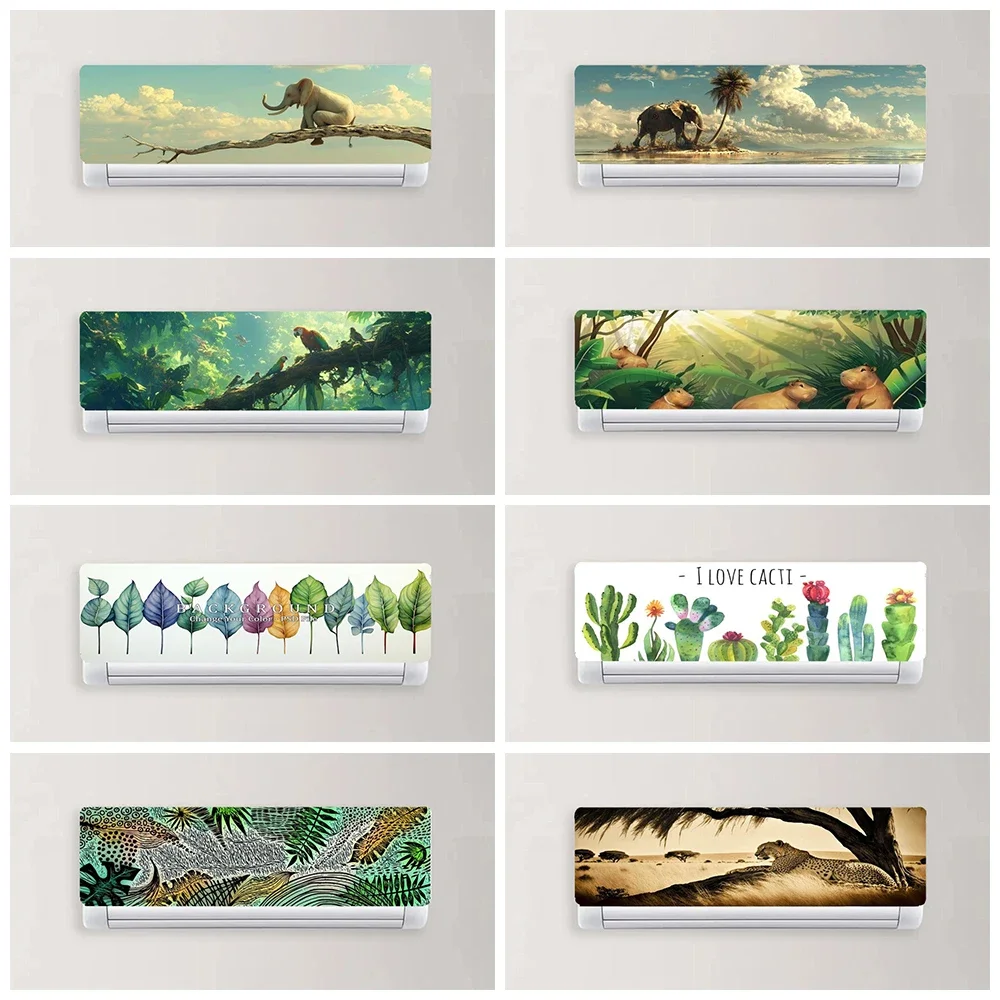 

Watercolor Green Plants Mural Hanging Air Conditioner Sticker, Animals and Ecology Mural Air Conditioning Wrapping Cover Decals