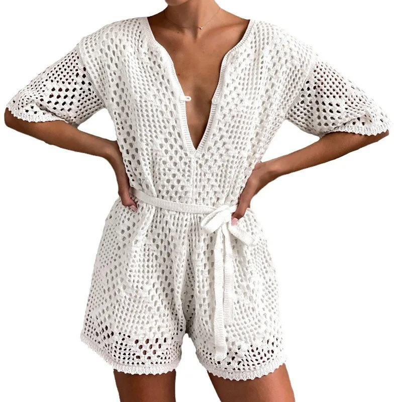 2025年新作 Vネック 無地 ホロー ワンピース ショートパンツ 欧米風 夏 レースアップ ウエスト コレクション レディース カジュアル セット
