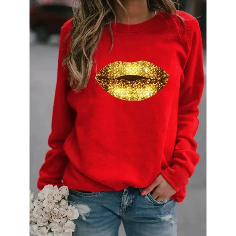 New Gold Lip Pattern Printed Women\'s Fleece Long-sleeved Loose Neck Sports Casual Round Neck Hoodie Sweatshirt  Clothes