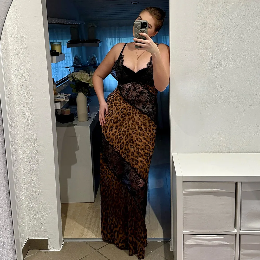 party dresses for woman Sexy vestidos leopard print Evening Dress Spaghetti Strap robe deep V-link see through lace Backless