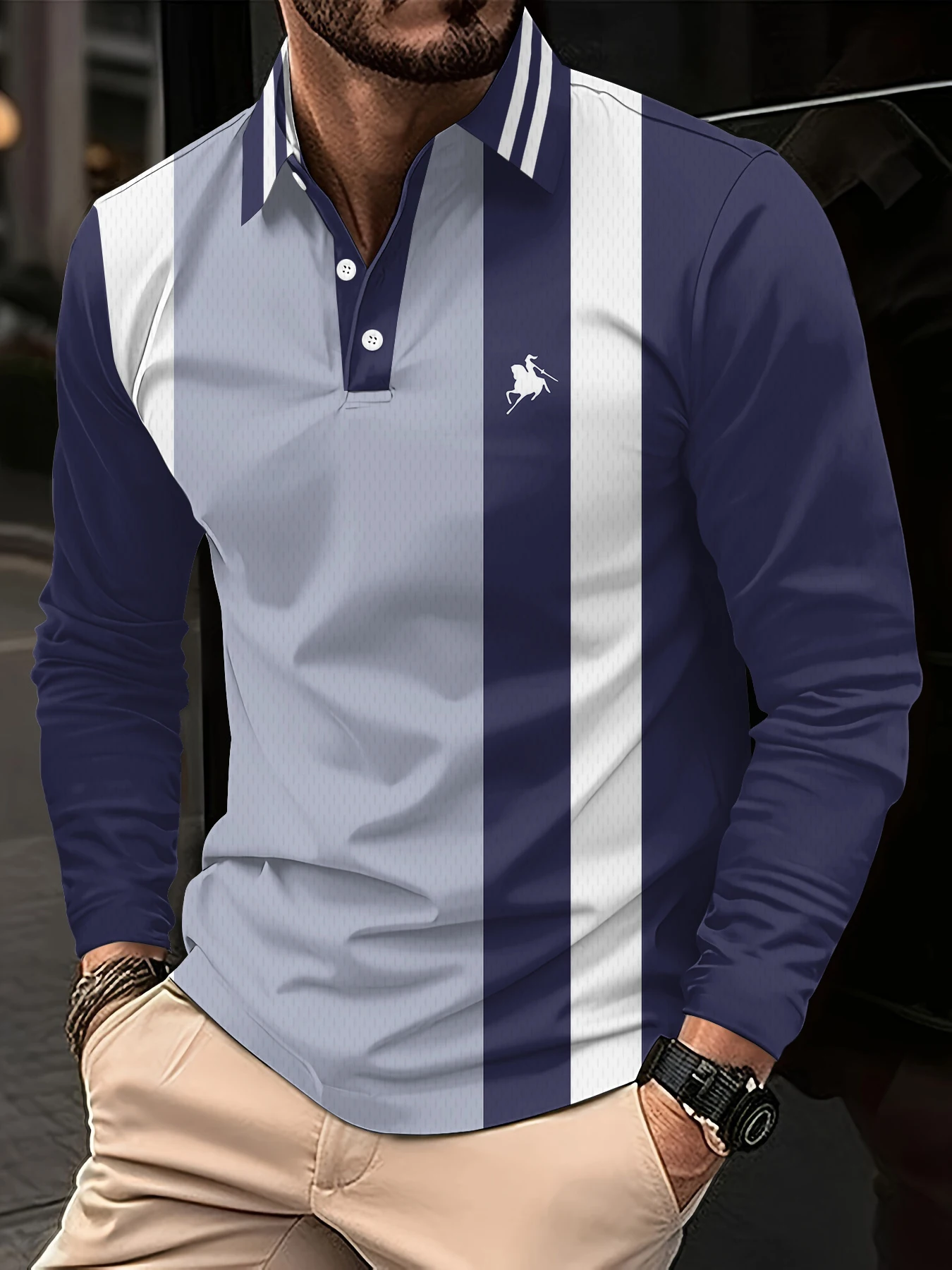 

Men's Creative Color Block Pattern Polo Shirts Fashion Casual Business Button Lapel Tops Autumn Winter Golf Sports Loose Clothes