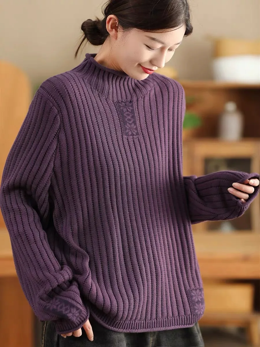 الخريف الشتاء المرأة فضفاضة طويلة Sve محبوك سترة f عالية طوق الرجعية القطن Tead طباعة قاعدة irt Thiened الدفء