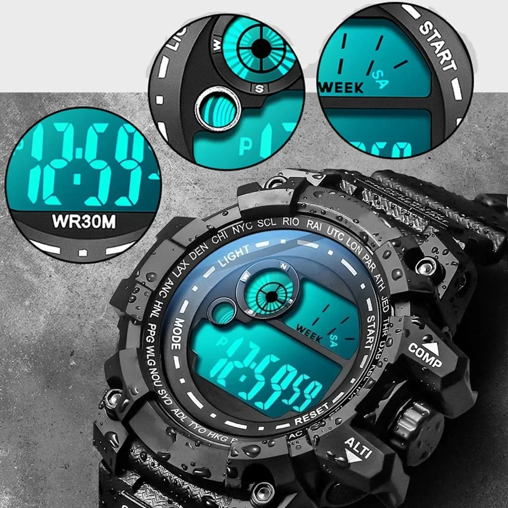 YIKAZE LED Digital Watches for Men Waterproof Men's Sports Watches Alarm Clock Stopwatch Electronic Wristwatch for Kids Student