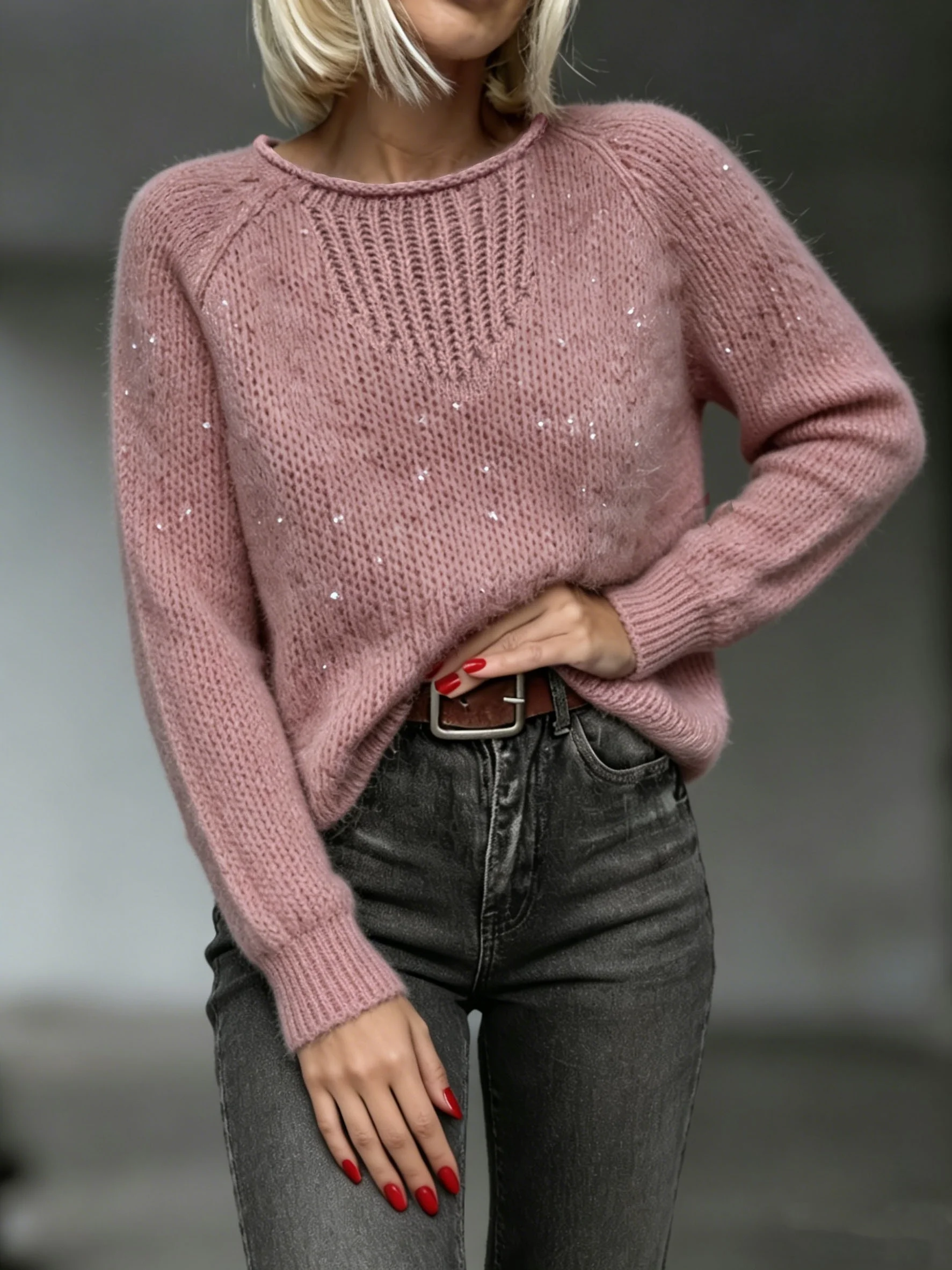 Women's plus-size bubble sequin knitted top, fashionable, elegant, and versatile, suitable for autumn and winter