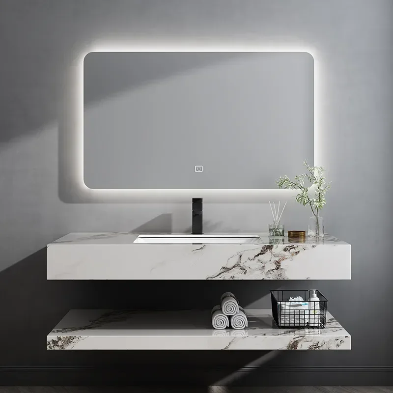 Custom Bear Smart Mirror Bathroom Cabinet Set with Rock Slab Ceramic Basin Double Layer Washbasin Combo Modern Vanity Unit