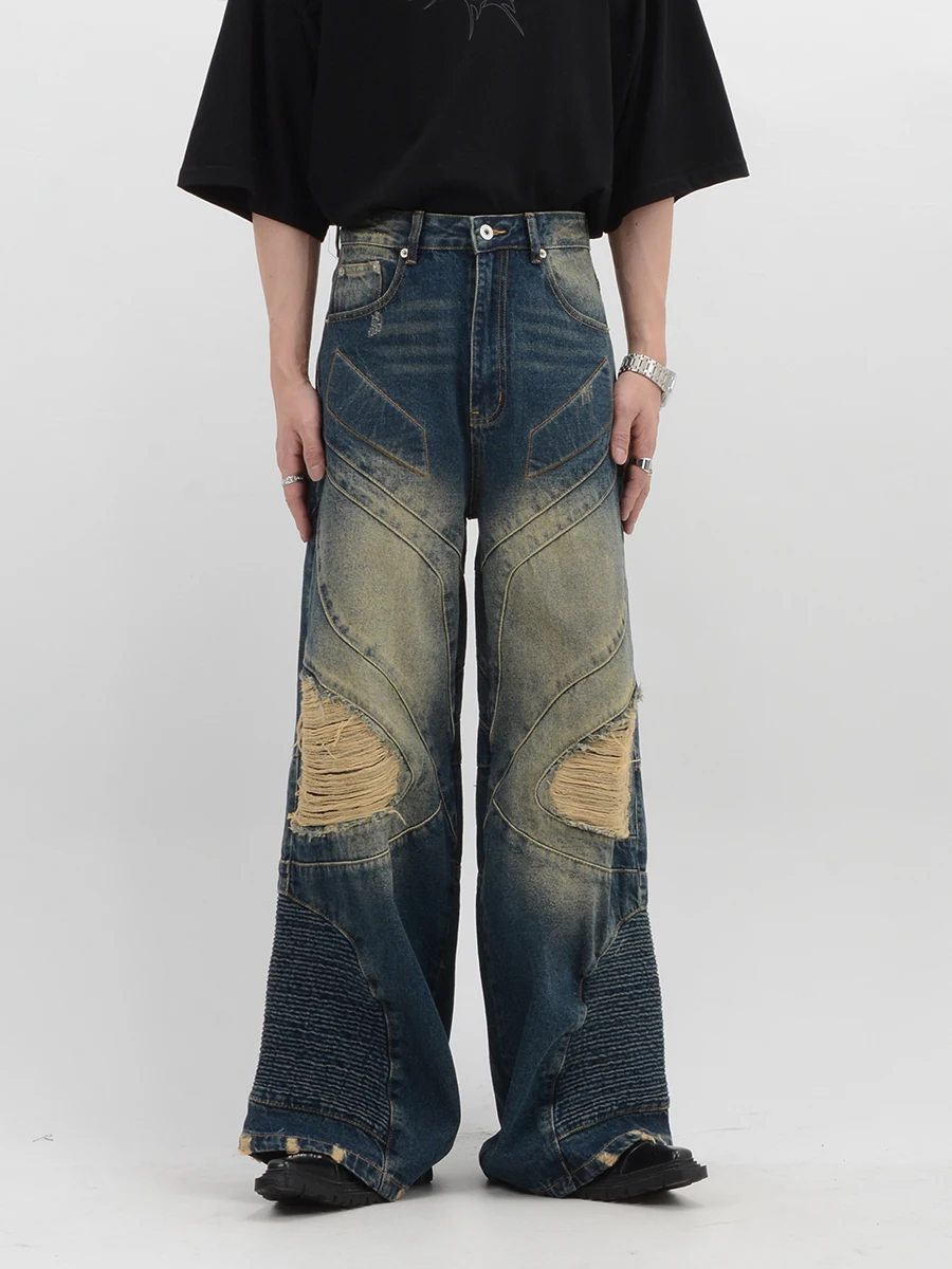 Heavy Vintage Wash Jeans Ripped three-dimensional Straight Pants Cut Men