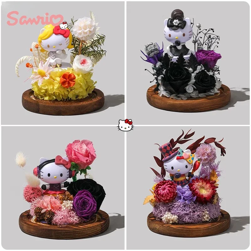 

New Sanrio Anime Hello Kitty Figure Cute Led Light Bead Ornament Room Decoration Immortal Flower For Girls Valentine's Day Gift