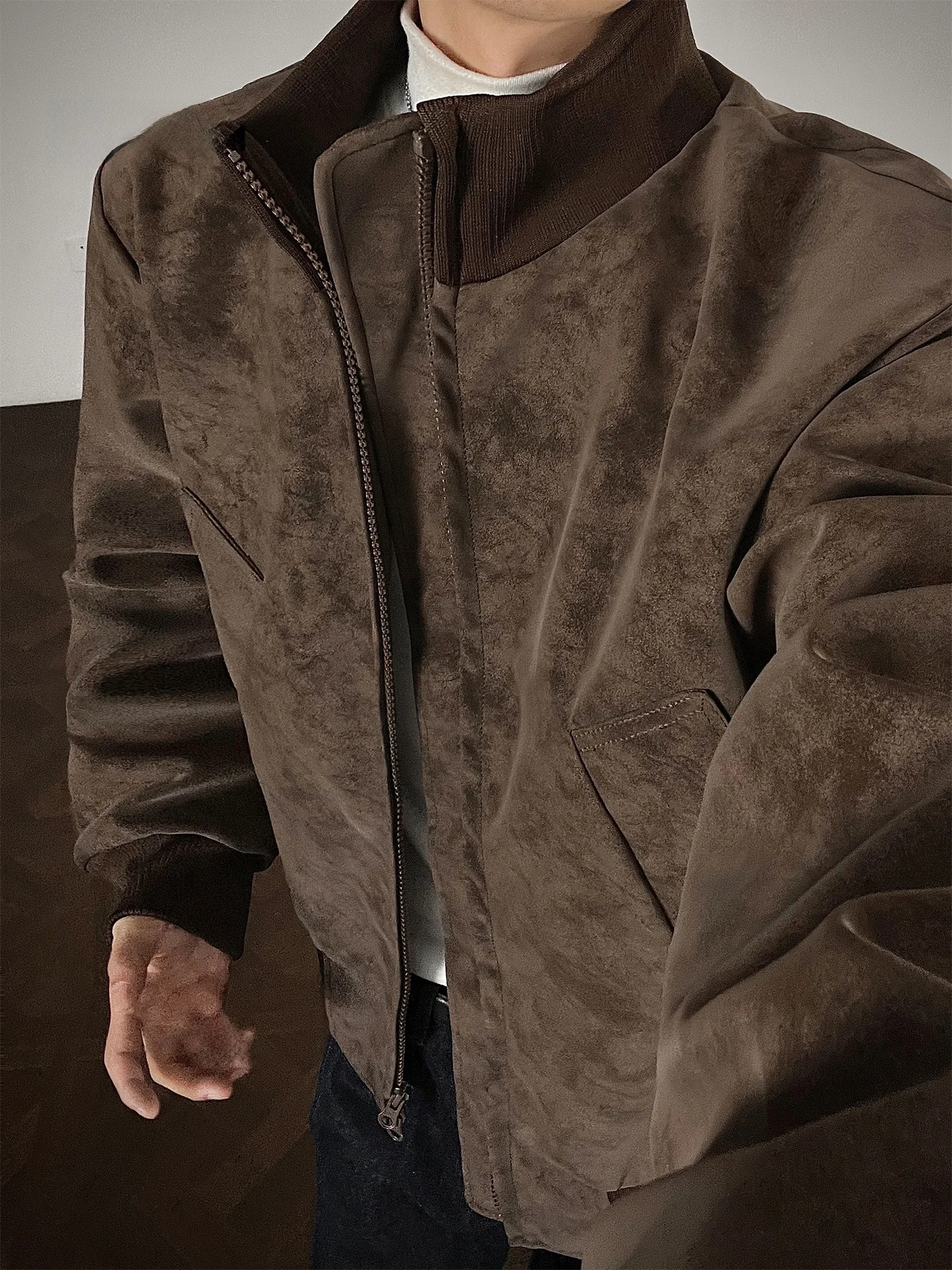 

American Sle Tie Dye Flight Jaet Cotton Coat Men Winter Fce Lined Thiened High Sensation Cool Stand Collar PU Leathe...