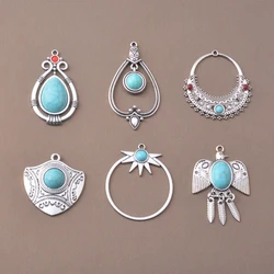 10pcs vintage style Antique Silver Color Alloy Imitation turquoise stone Heart Water Drop Round Leaf Charms Jewelry Pendants