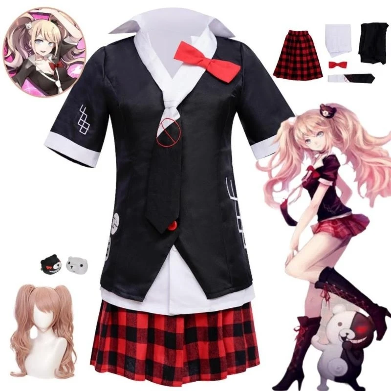 Anime Dangaronpa Enoshima Junko Cosplay Uniforms Cafe Work Suit Short Skirt Ponytail Wig Bear Hairpin Gift for Girls