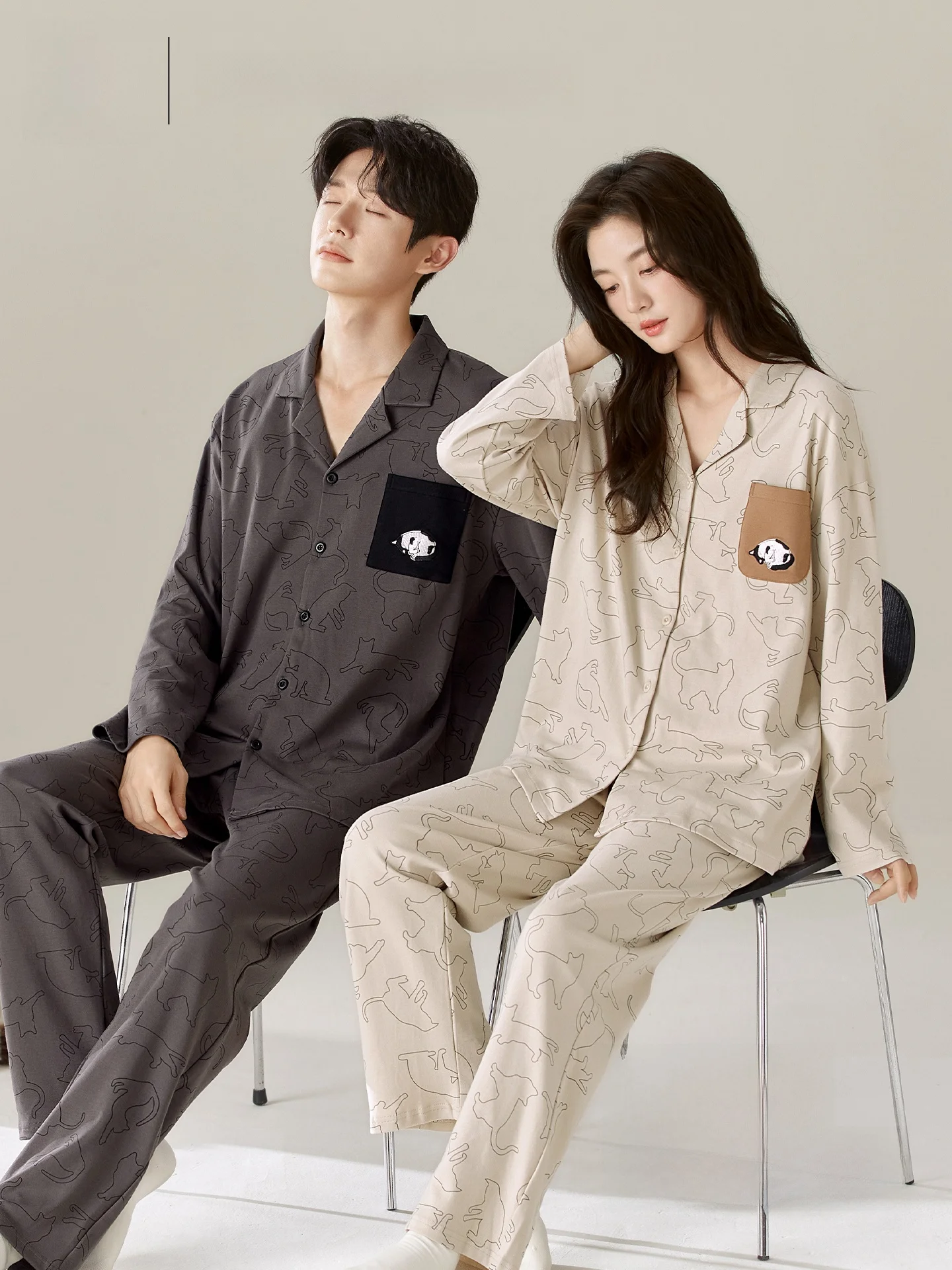 Couple's Matching Sleepwear Pure Cotton Long Sleeve Long Pants Home Clothes Set  Person Spring Autumn New Style Women's Ve...