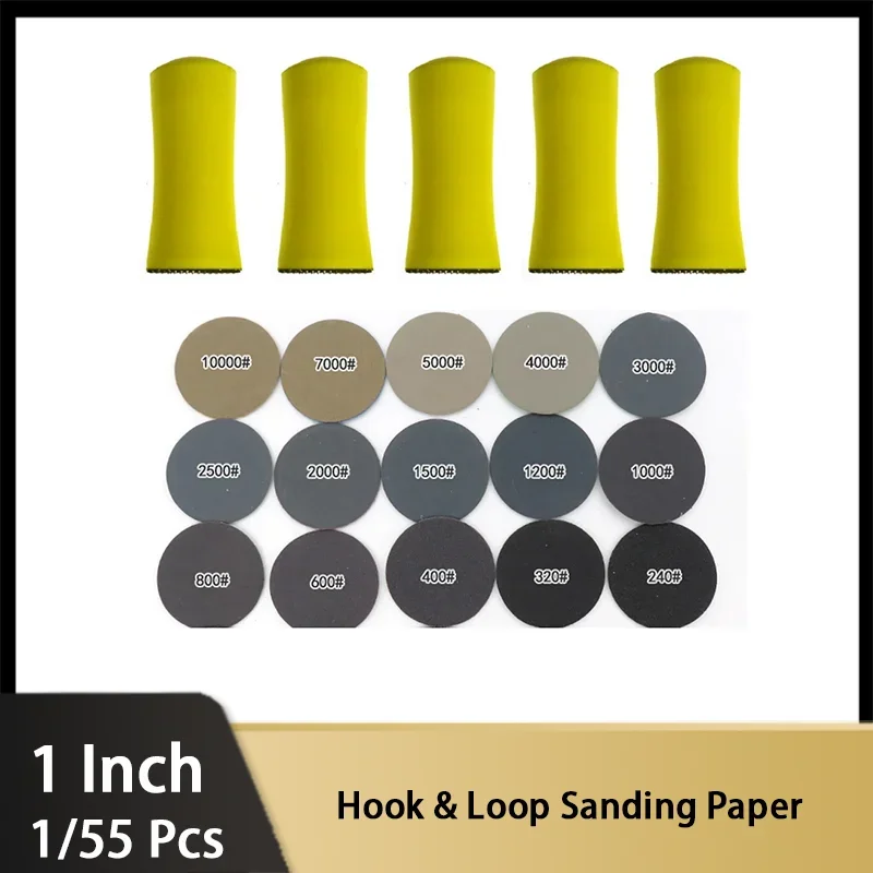 1 Stück 1 Zoll Handschleifblock / 5 Stück 1 Zoll Handschleifblock + 50 Stück 1 Zoll 25 mm Schleifscheibe Schleifpapier Hakenschlaufe gemischt