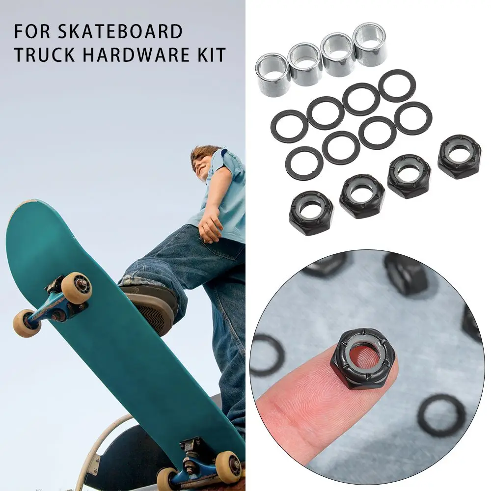 16pcs New Kit Black/Gold Outdoor Skateboard Longboard Parts Spacers Axle Nuts Speed Rings Skateboard Truck Hardware