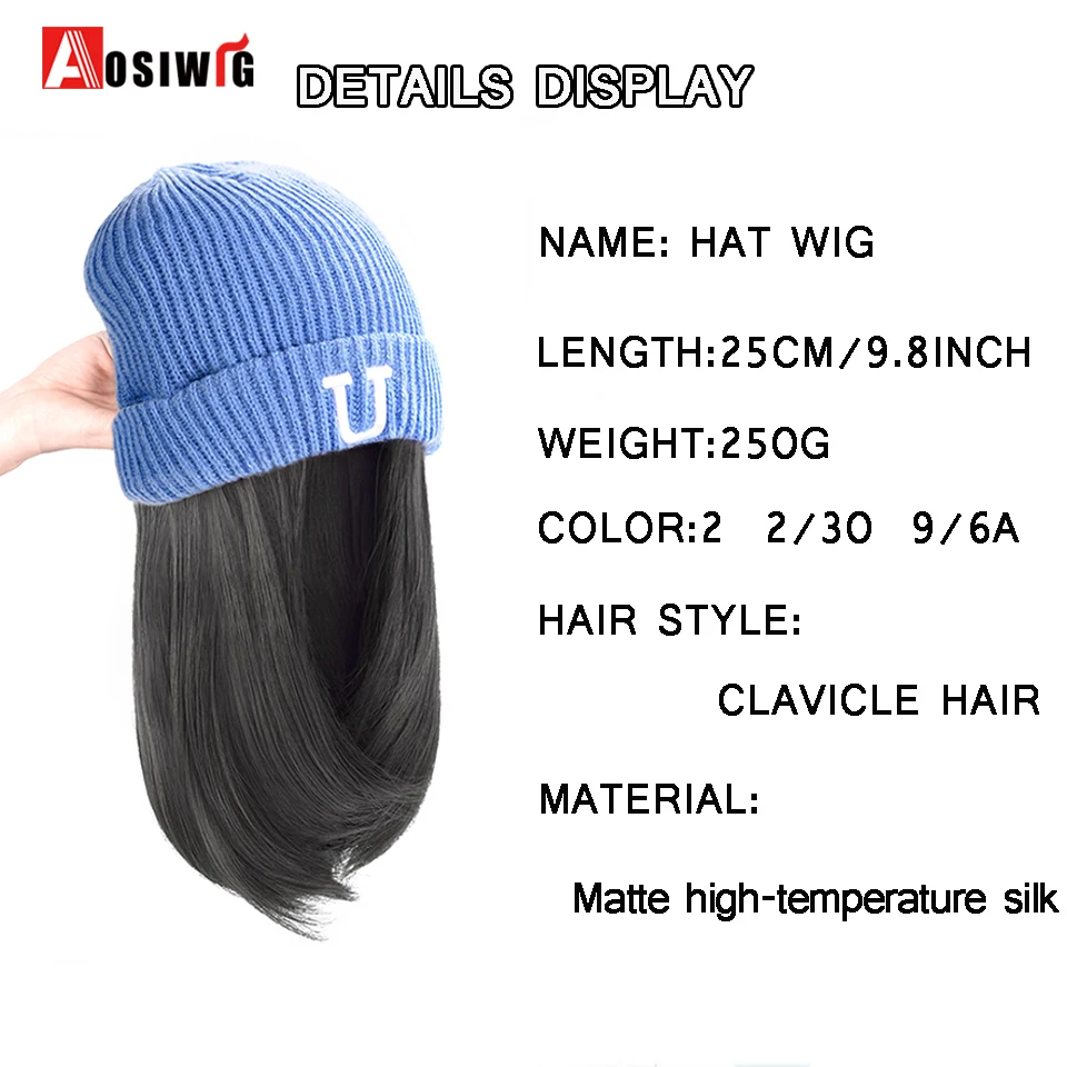 Short Hair Hat Wig Natural Brown Wig Connected With Synthetic Knitting Hat Hair Warm Wig In Winter Adjustable For Women