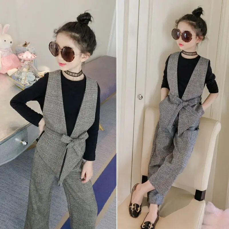 

Teenage Girls Clothing Set 12 13 14 Years 2023 Spring Plaid Vest T-shirts Pants 3pcs Suit for Girls Clothes Fashion Kids Costume