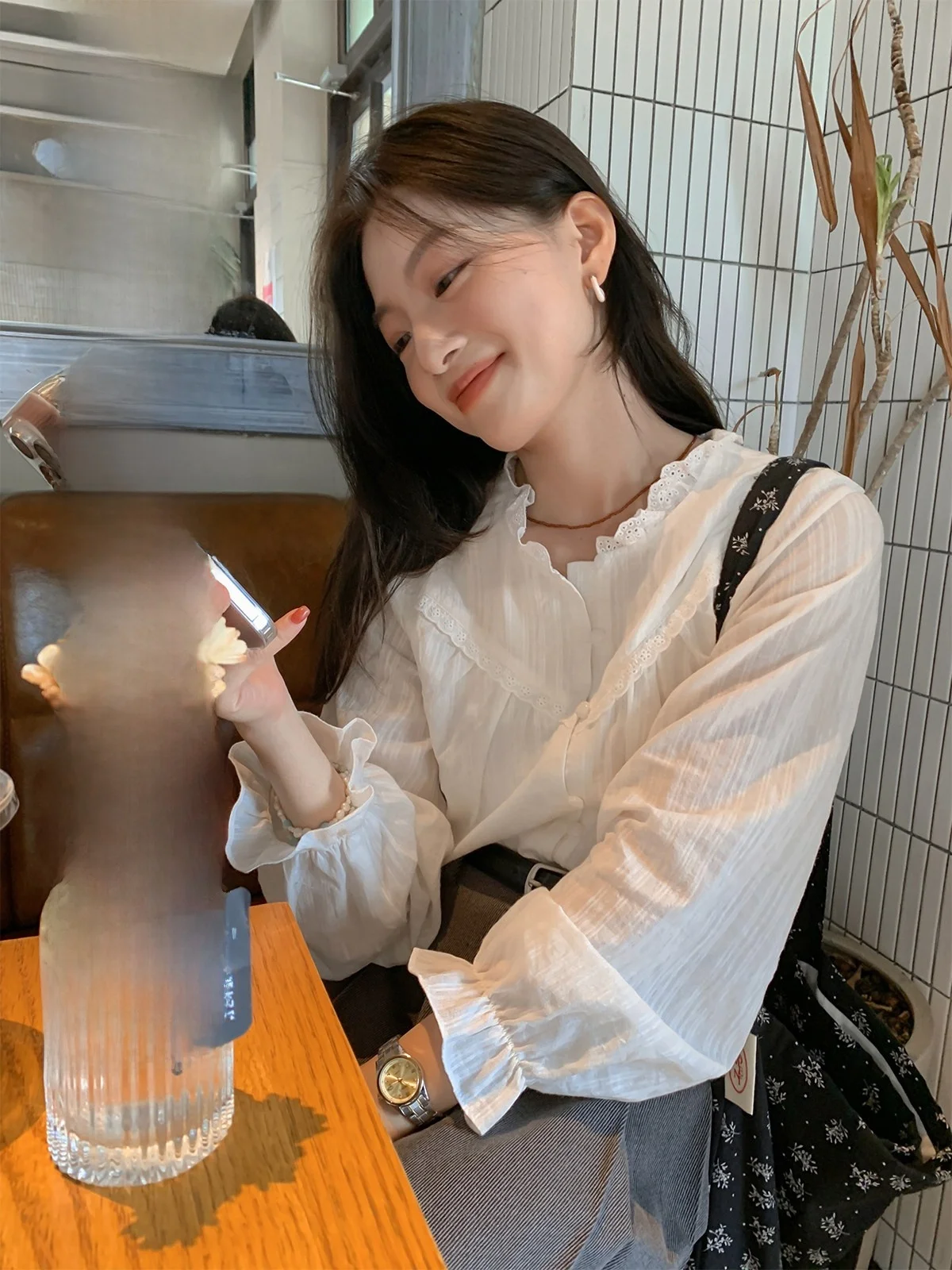 

Sisilyon Spring Poem Ruffle Collar Women's irt Ele Gentle Sle Long Sve Pure Cotton French Sle Casual irt