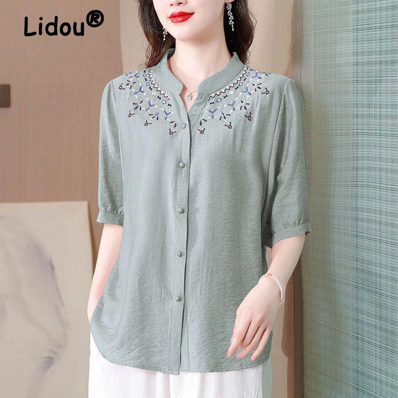 Women\'s Vintage Fashion Embroidery Elegant Button Up Shirt Summer Half Sleeve Loose Cotton Linen Blouse Female Casual Solid Tops