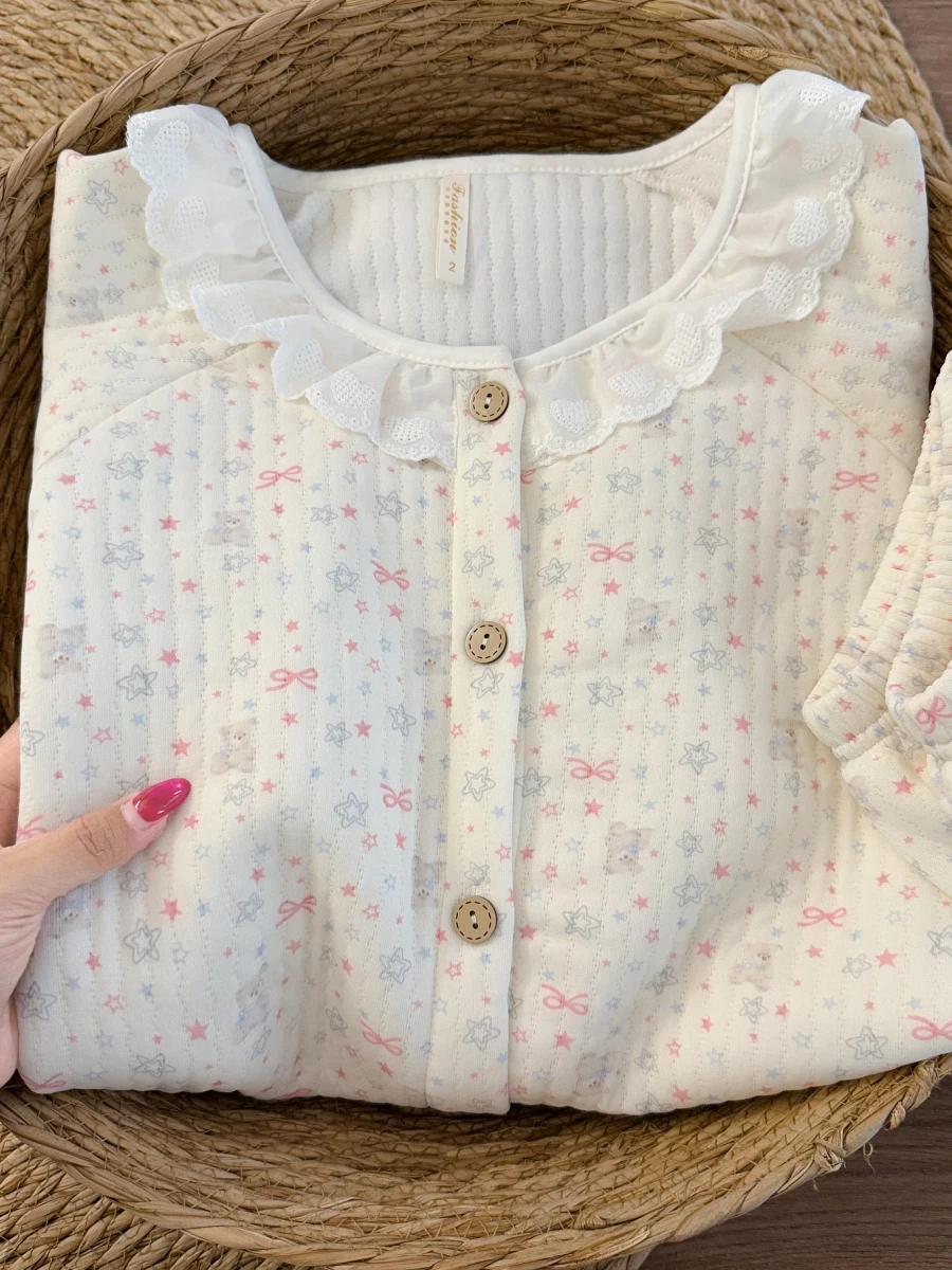 Korean Sweet Star Lace Air Cotton Sleepwear Women's Thickened Warm Cute Student Home Clothes Set Long Sleeve round Neck Cardigan