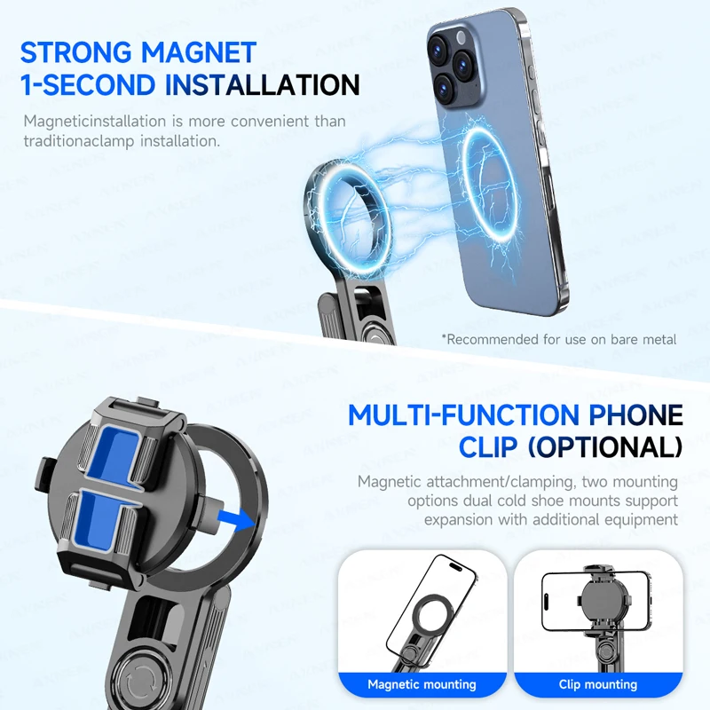 Magnetic Mini Selfie Stick Tripod for Cellphone with Extension Rod Wireless Remote, Fill Light Option, for Smartphone Vlog Shoot
