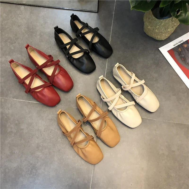 Spring Ballet Flat Shoes Women Comfy Leather Shoes 2024 Women Luxury Women Square Toe Flat Mary Janes Ladies Shoes Double Buckle