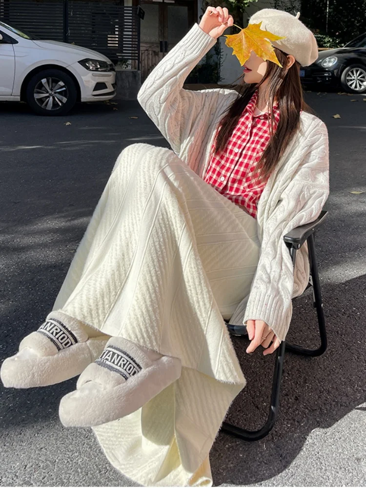 SMTHMA جديد الخريف الشتاء فرو المنك تقسم محبوك تنورة للنساء لينة عالية الخصر ألف خط كبير سوينغ متماسكة تنورة طويلة