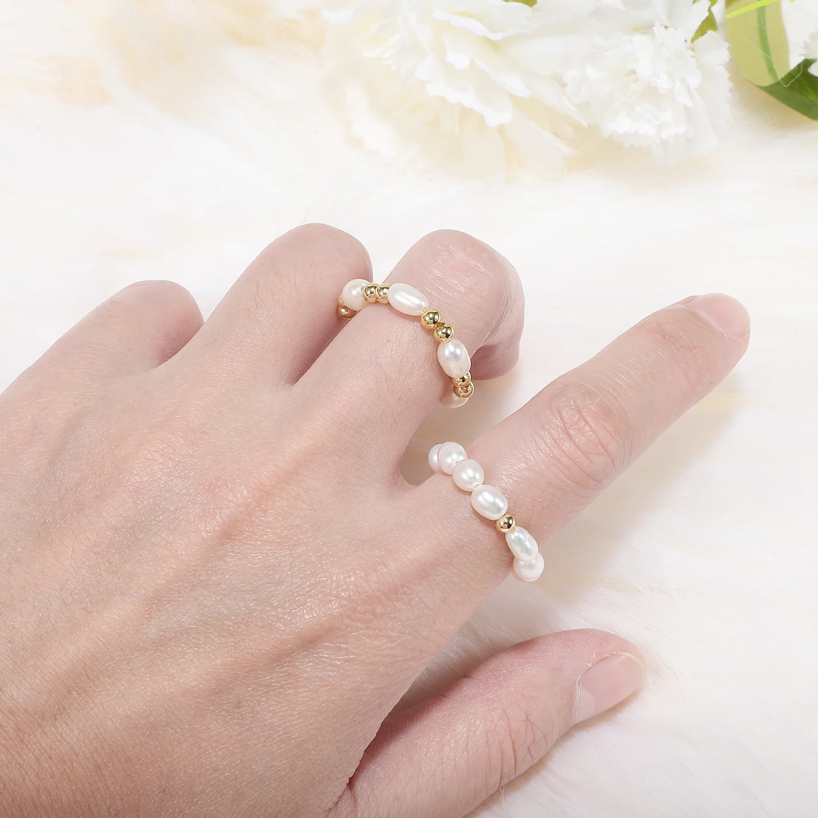 

2Pcs Pearl Rings Women's Elegant Adjustable Finger Ring Minimalist Fashion Jewelry for Daily Wear Summer Holiday Gift