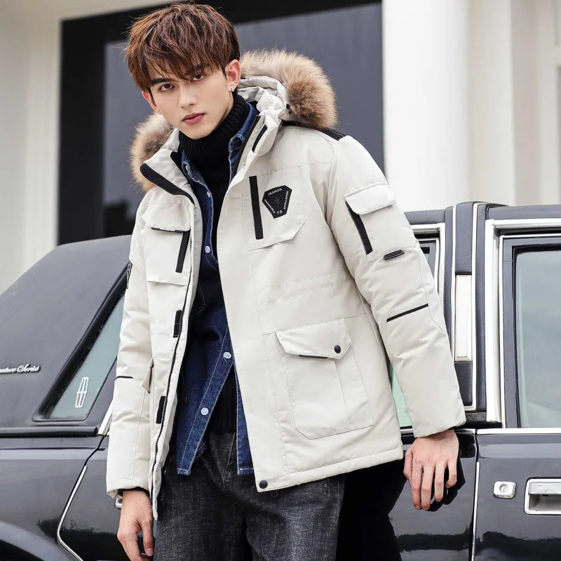 

Male South Korea Running Fur Collar Hooded Luxury White Duck Down Warm Coat Winter Down Jacket Men's Cold-proof Tooling Parka