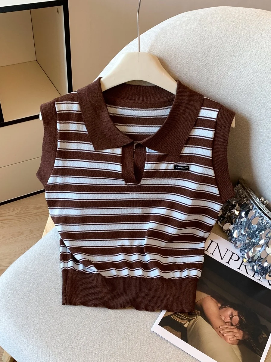 High-End  Ne Stripe Color Blo Women's Knitted Vest Summer Svel Faion Commute Sle Thin Polyester Fiber