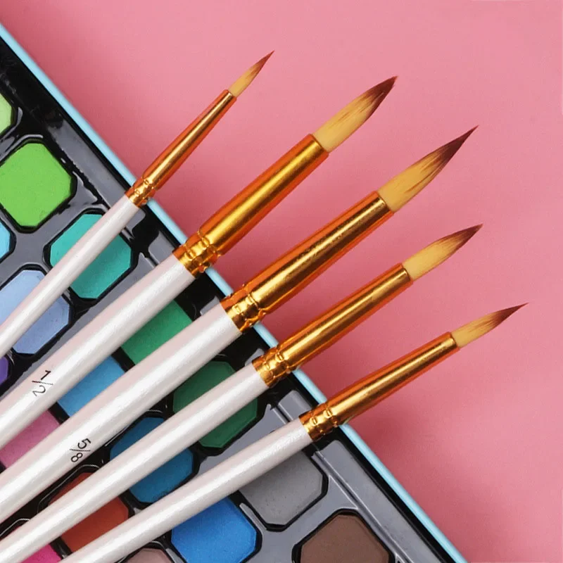 Two-color nylon hair round head paint brush white short wood rod gouache oil brush set 5pcs wercolor Brush painting supplies