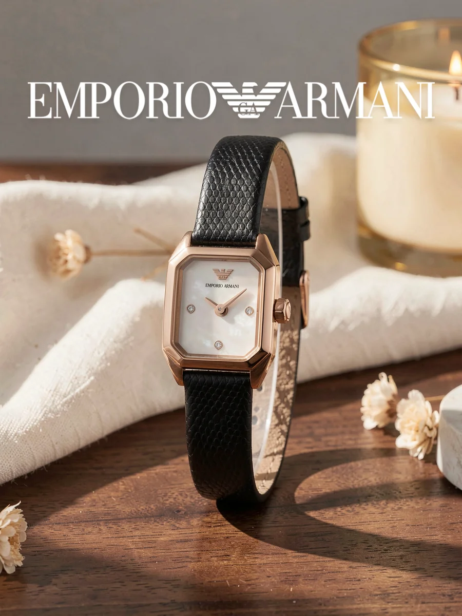 Armani AR11248 Ladies Wristwatch Irregular Rectangle Mother of Pearl Dial Fine Grain Leather Elegant Daily Gift