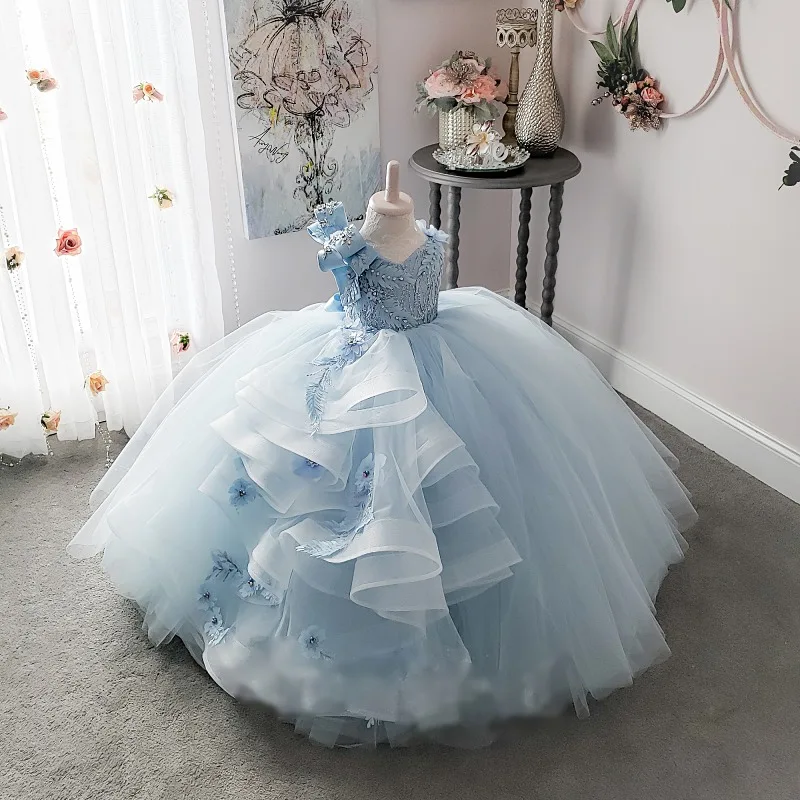 Light Blue Kids Girls Long Princess Party Dress Sweet Evening Gown for Host Pageant Formal CelebrationPiano Performance Banquet